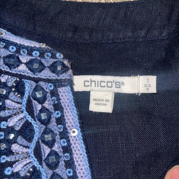 Chico’s casual Navy Blue Embellished Beaded Linen Dress size 8 - Picture 3 of 8